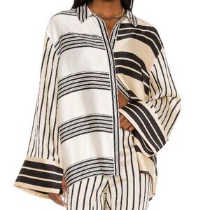 L'Academie Black and Cream Striped Silk Button-Up Blouse